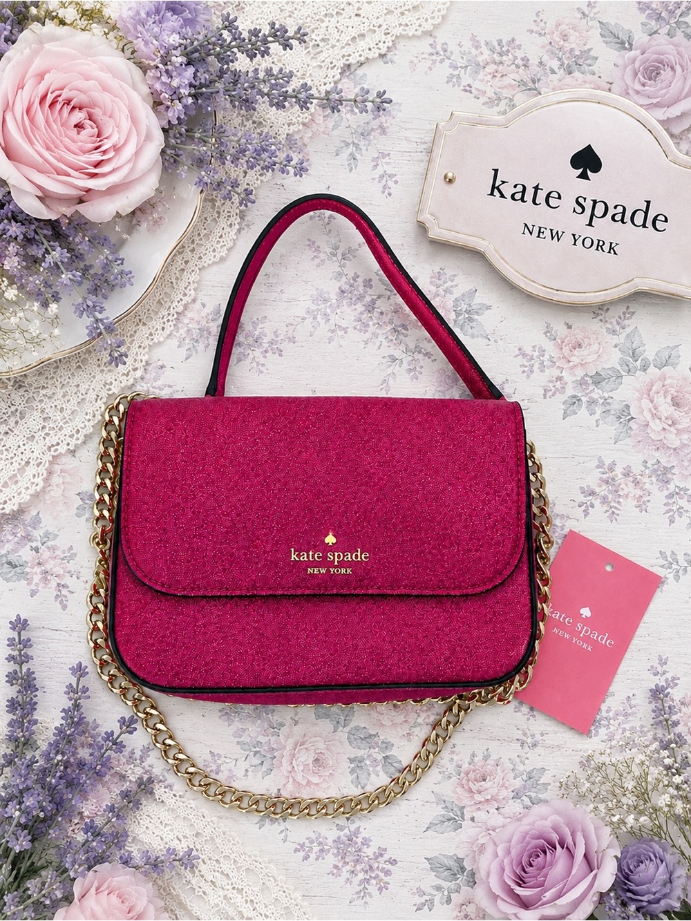 Kate Spade New York Pink Glitter Crossbody Shoulder Bag with Gold Chain Strap